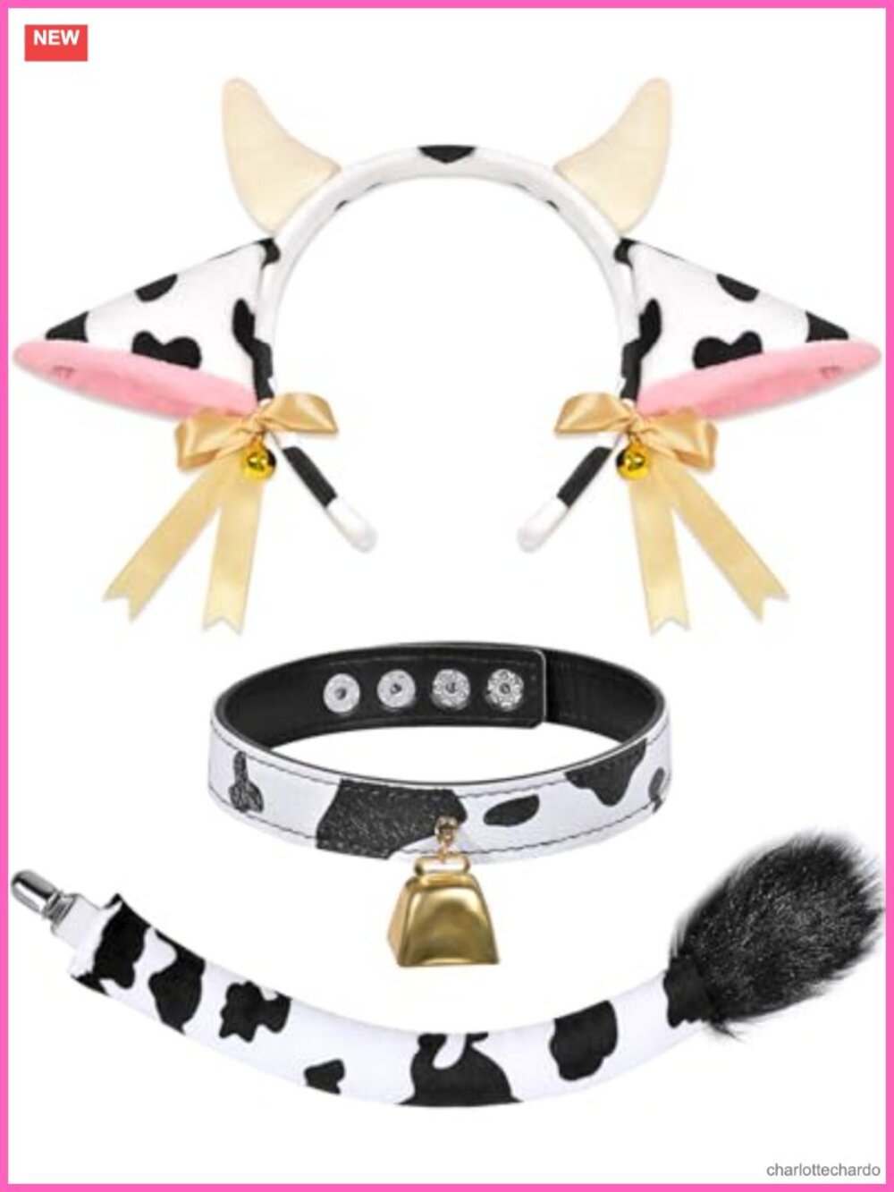Cow Costume Accessory Set Plush Ears Headband Bell Collar Choker Tail